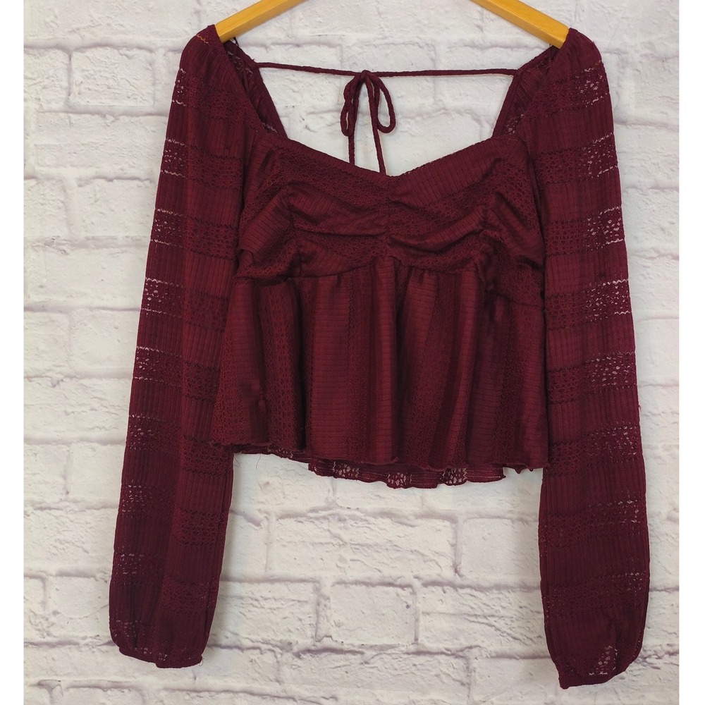 Burgundy Milkmaid Lace Long Sleeve Cropped Top Jrs. L Boho Cottage Festival